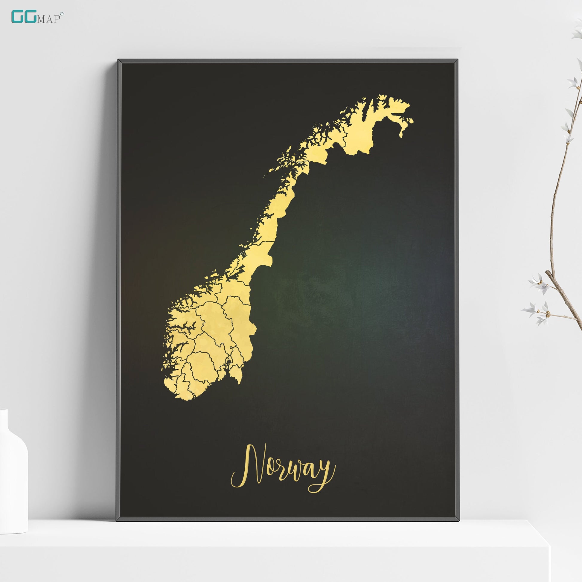 a black and yellow poster with a map of norway