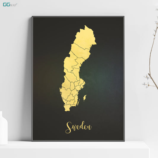 a black and gold framed map of sweden