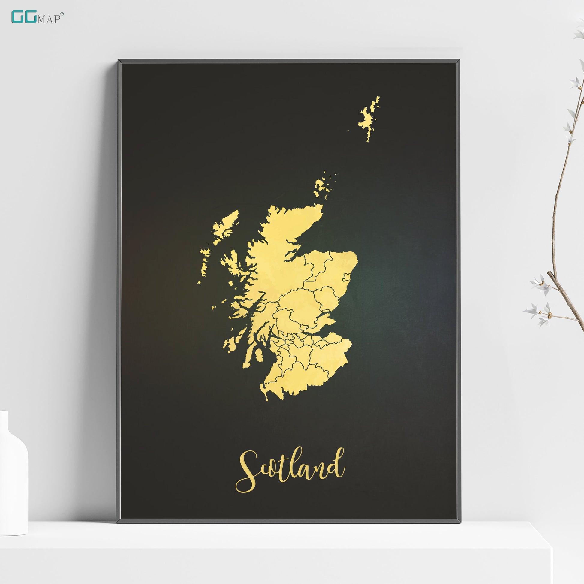 a black and gold map of scotland 