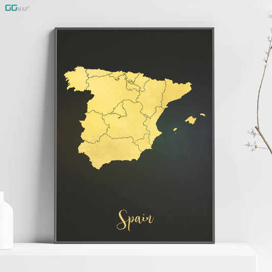 a framed map of spain on a shelf