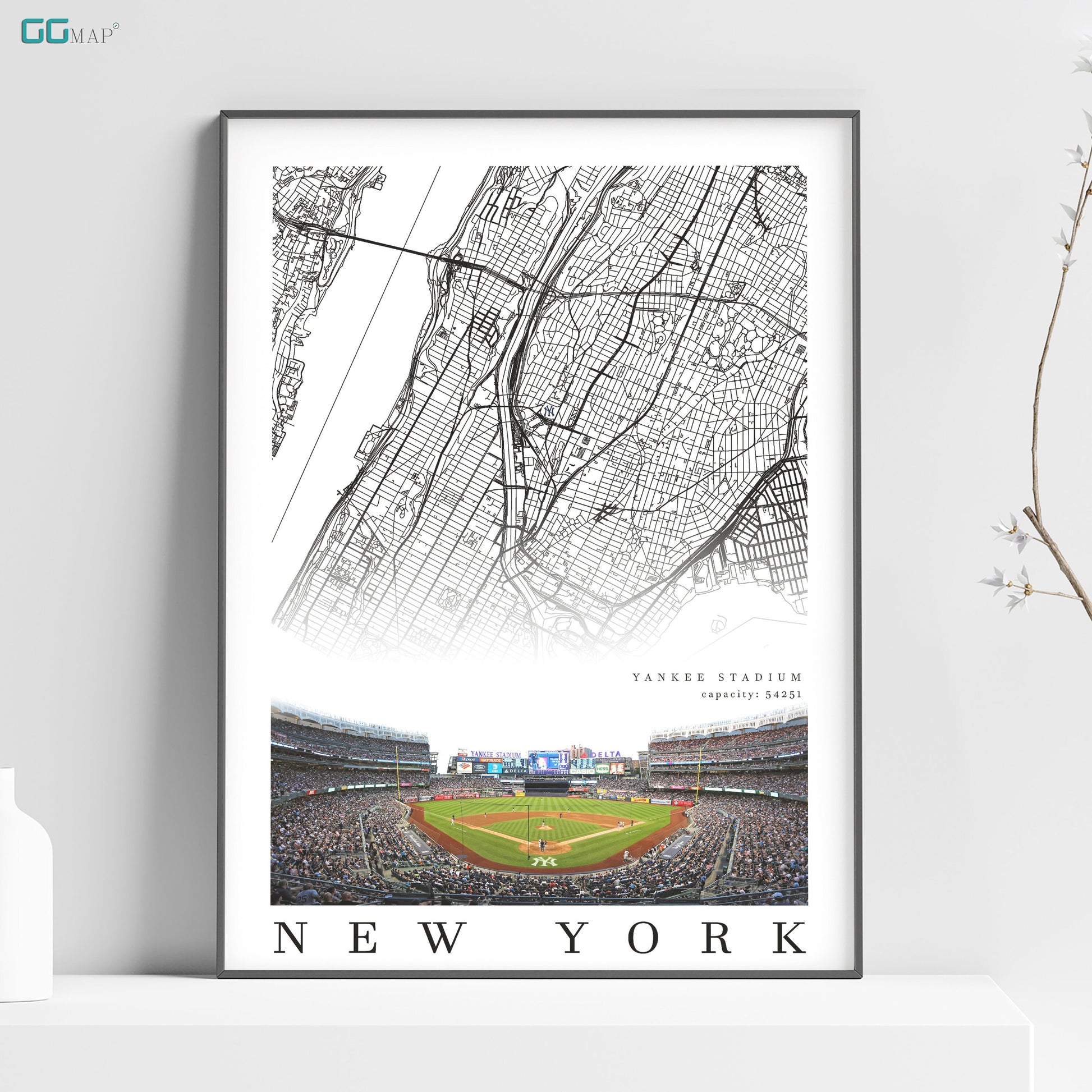 a poster of a baseball stadium with a map of new york