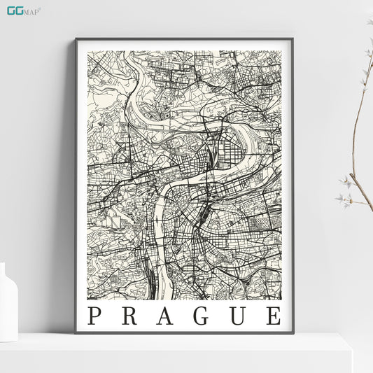 a black and white map of prague on a shelf