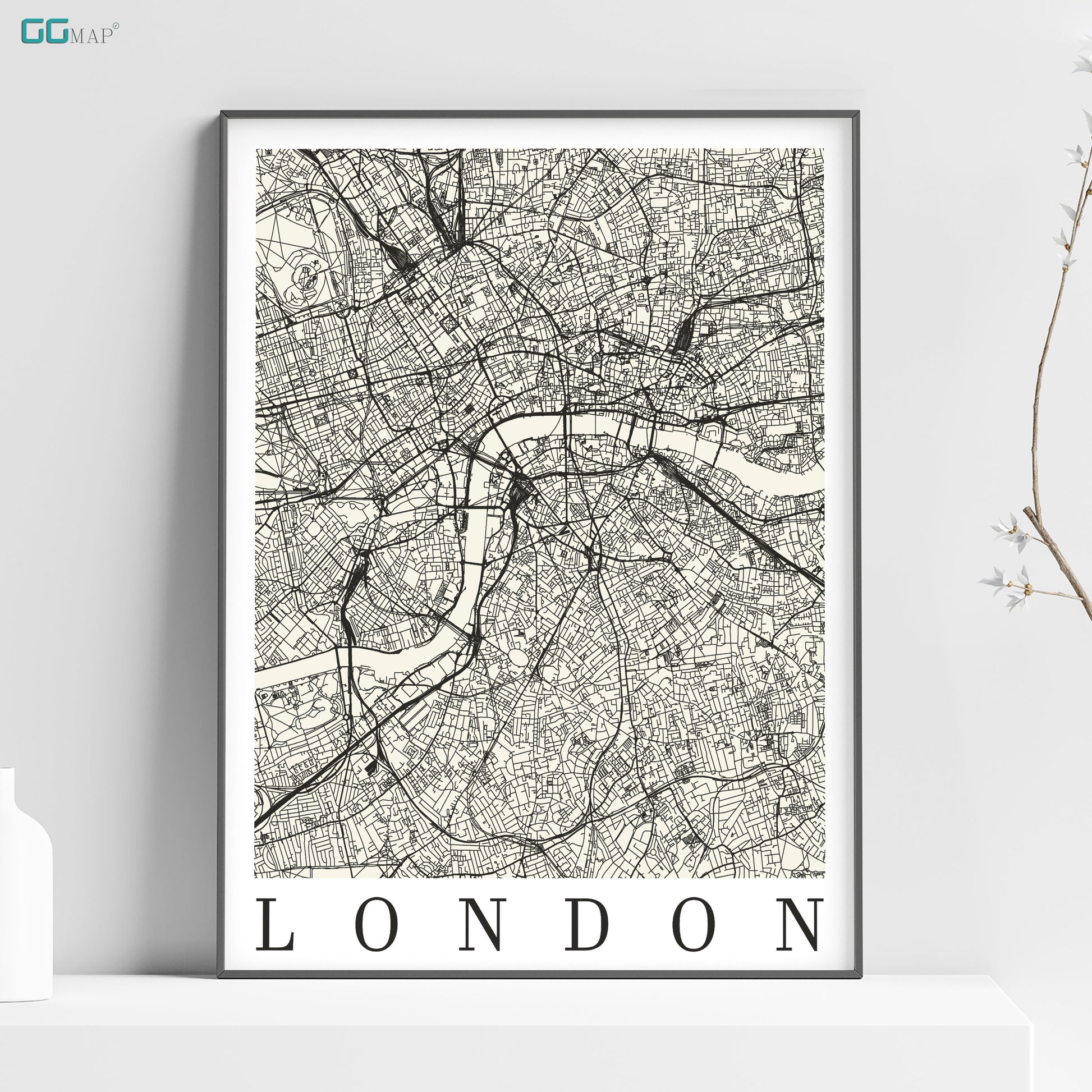 a black and white map of london on a shelf