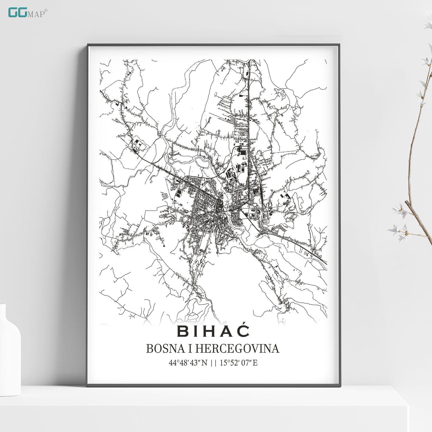 a black and white map of the city of bihac