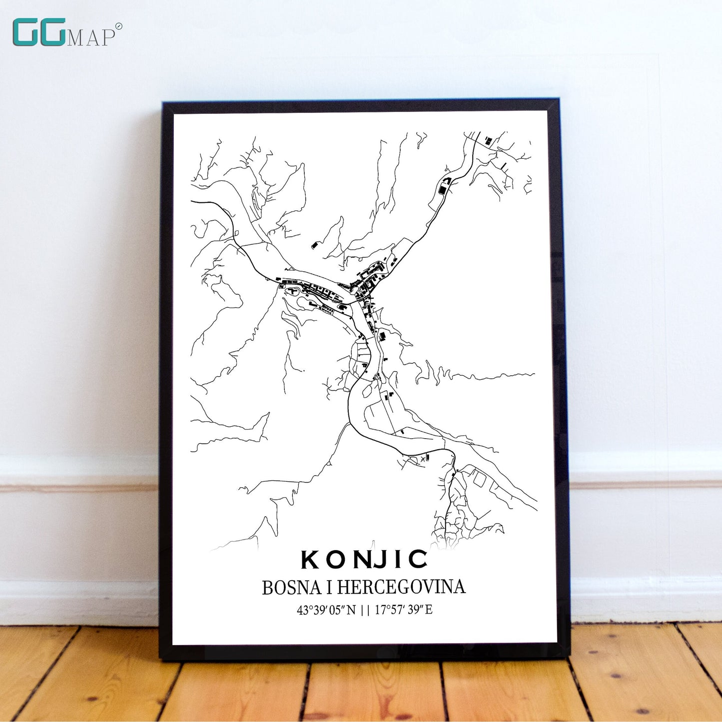 City map of KONJIC - Home Decor - Wall decor - Office map - Travel map - Print map - Poster city map - Konjic map - Map art - Bosnia