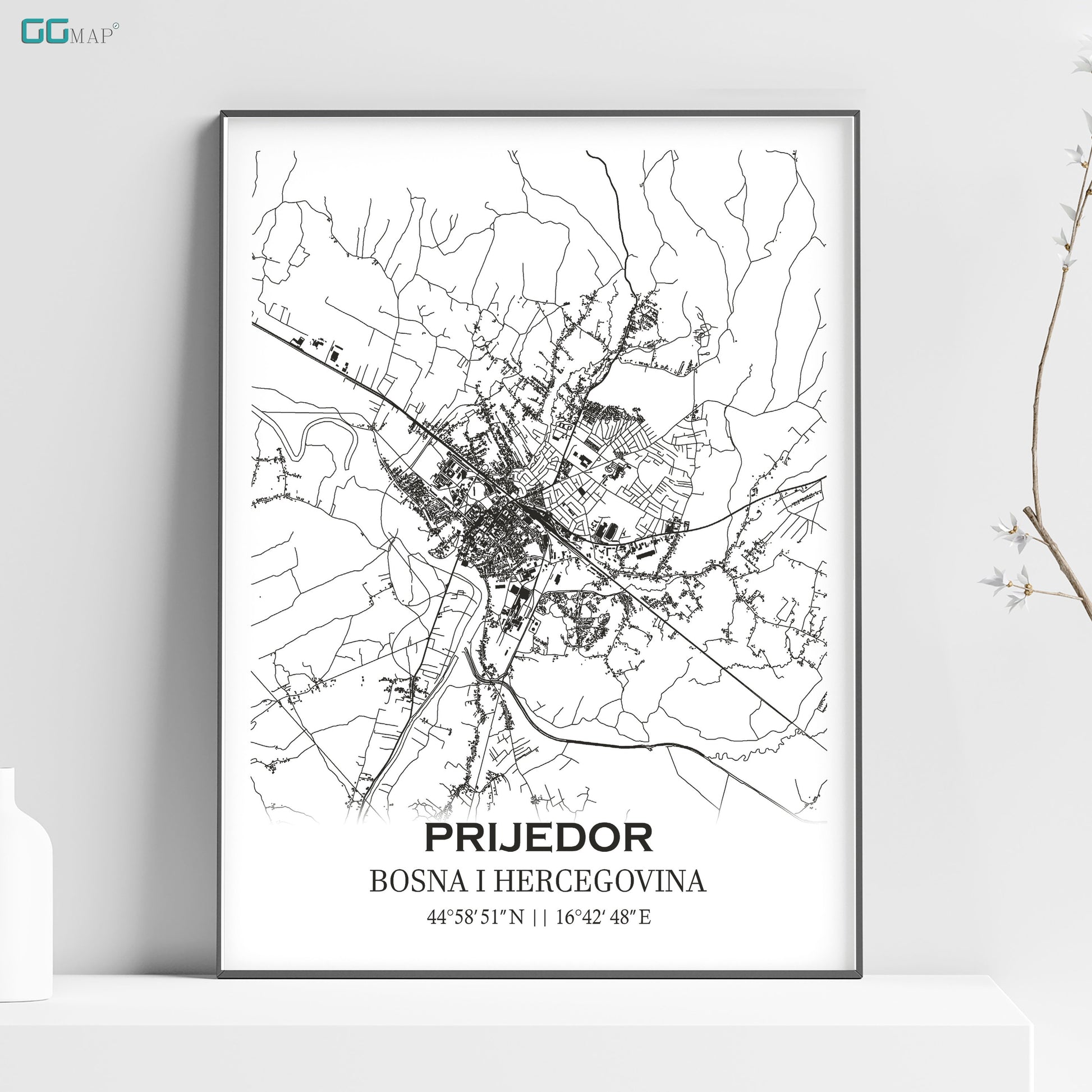 a black and white map of the city of prijedor