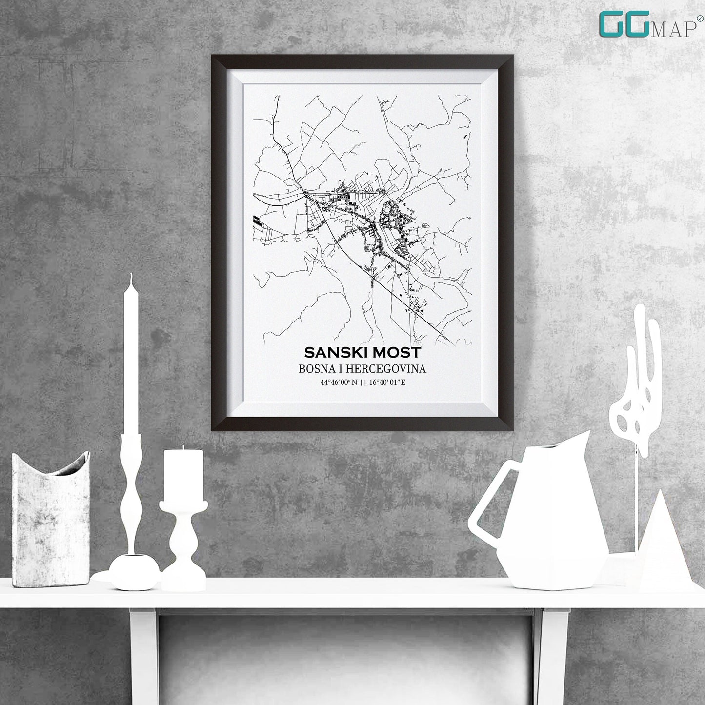 City map of SANSKI MOST - Home Decor - Wall decor - Office map - Print map - Poster city map - Sanski Most map - Map art - Bosnia