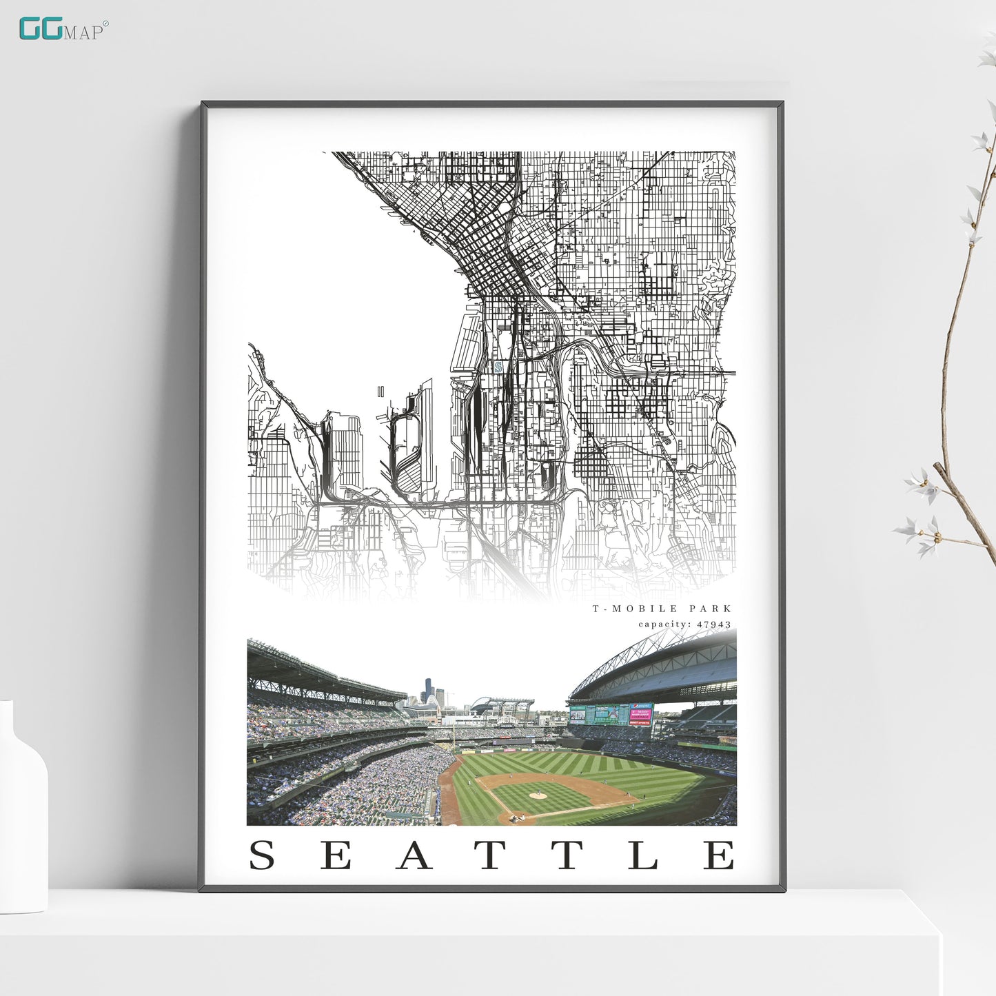 a poster of the seattle skyline in black and white