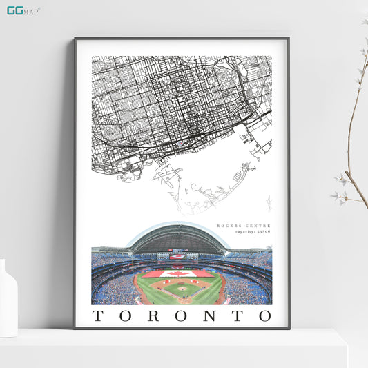 a poster of a baseball stadium with a map of toronto