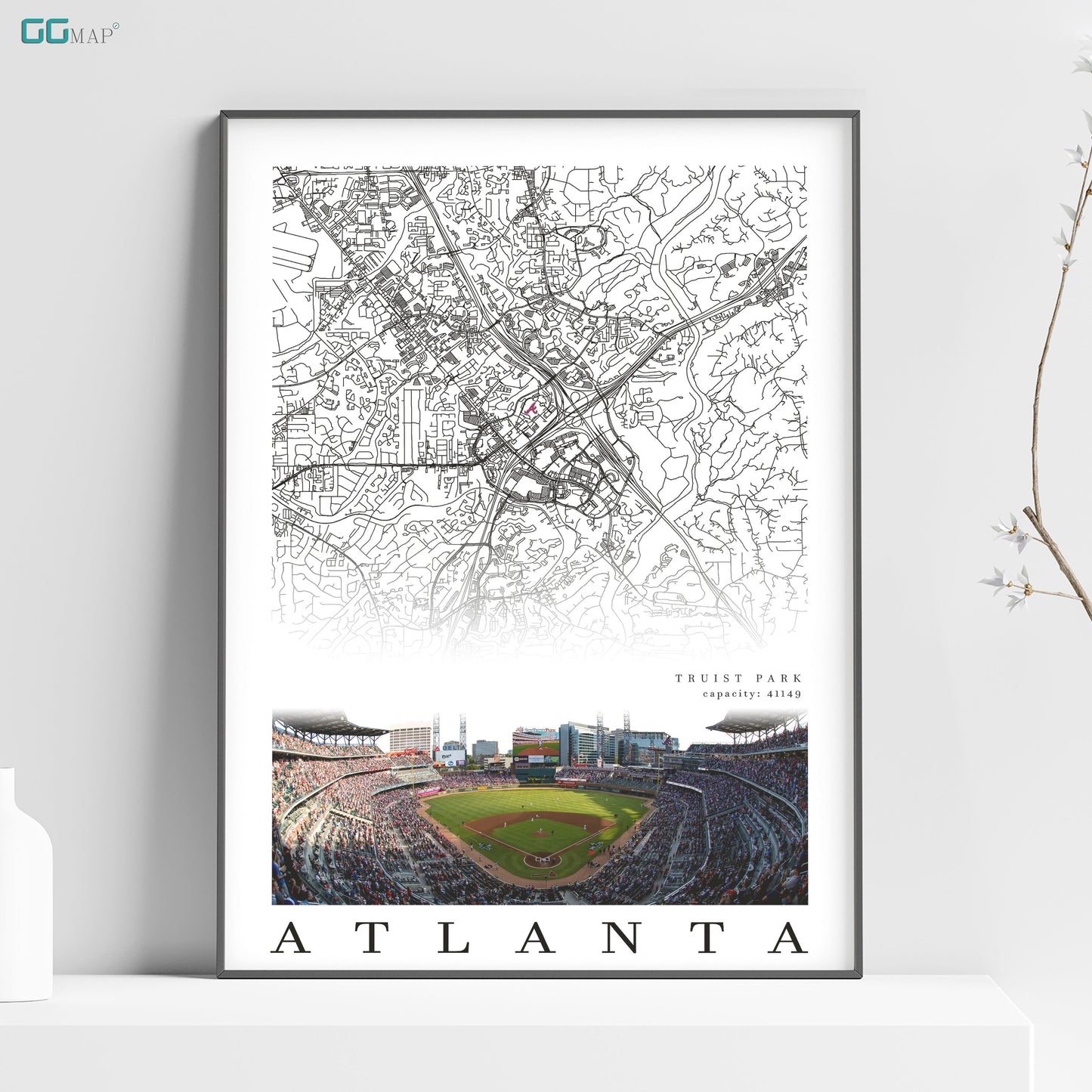 a poster of a baseball stadium with a map of atlanta