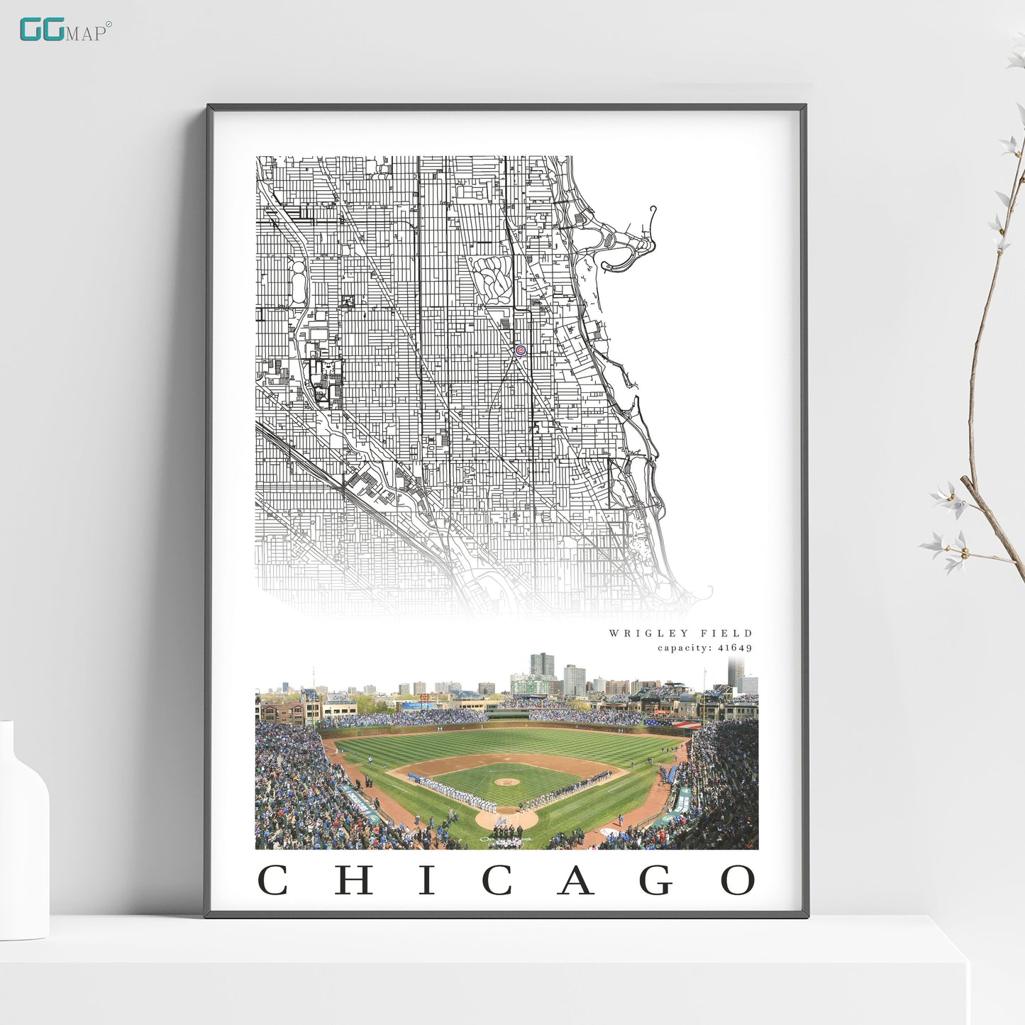 City map of CHICAGO - Home Decor Chicago - Wrigley Field wall decor - Chicago poster - Chicago Cubs - Print map