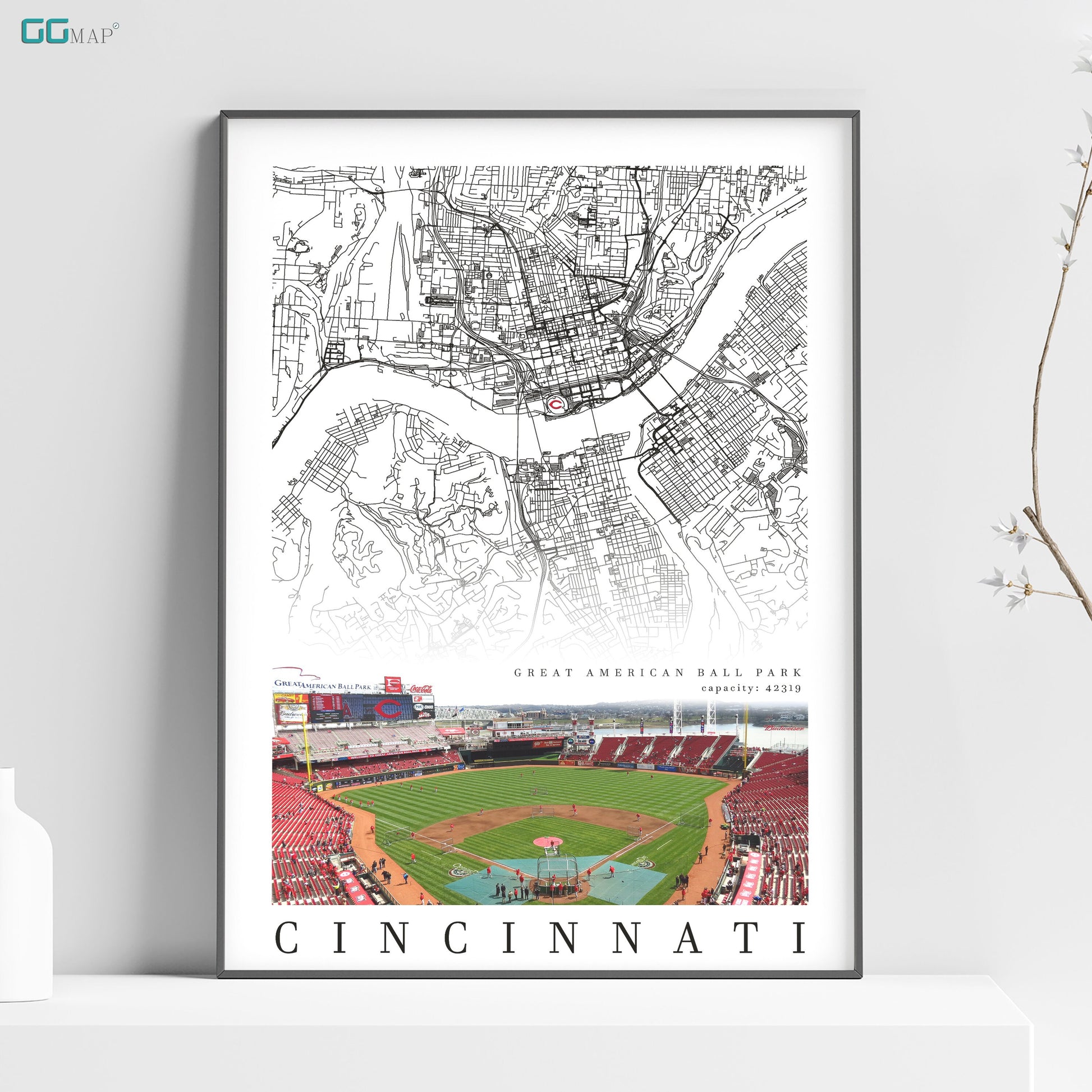 a poster of a baseball field in a city