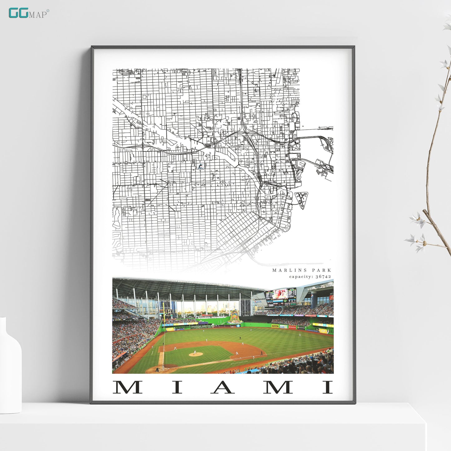 a poster of a baseball stadium with a map of miami