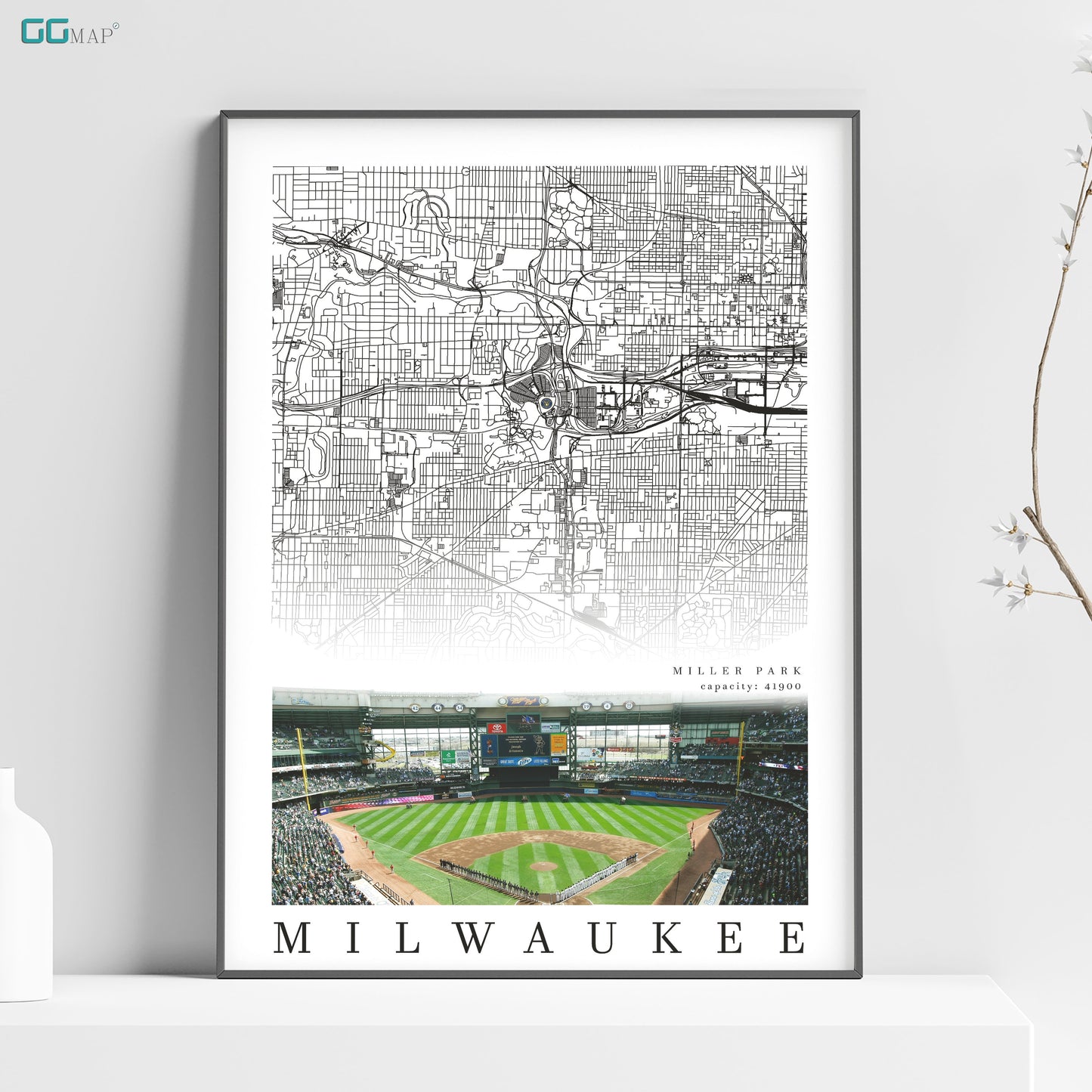 a framed map of milwaukee with a baseball field