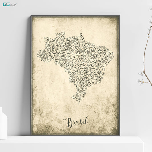 BRASIL map - Brasil Music map - Travel poster - Home Decor - Wall decor - Office map - Brasil gift - GGmap - Brasil poster