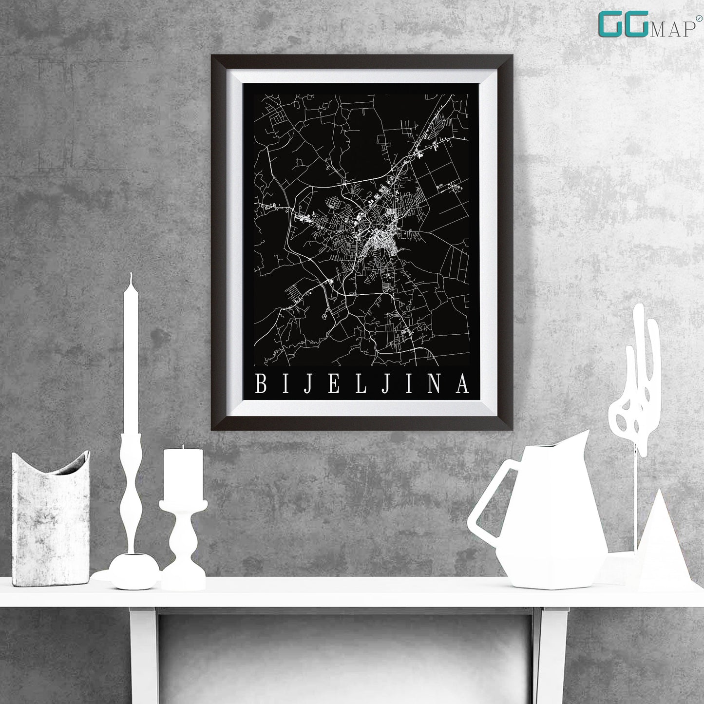 City map of BIJELJINA - Home Decor - Wall decor - Office map - Travel map - Print map - Poster city map - Bijeljina black map -GeoGIS Studio