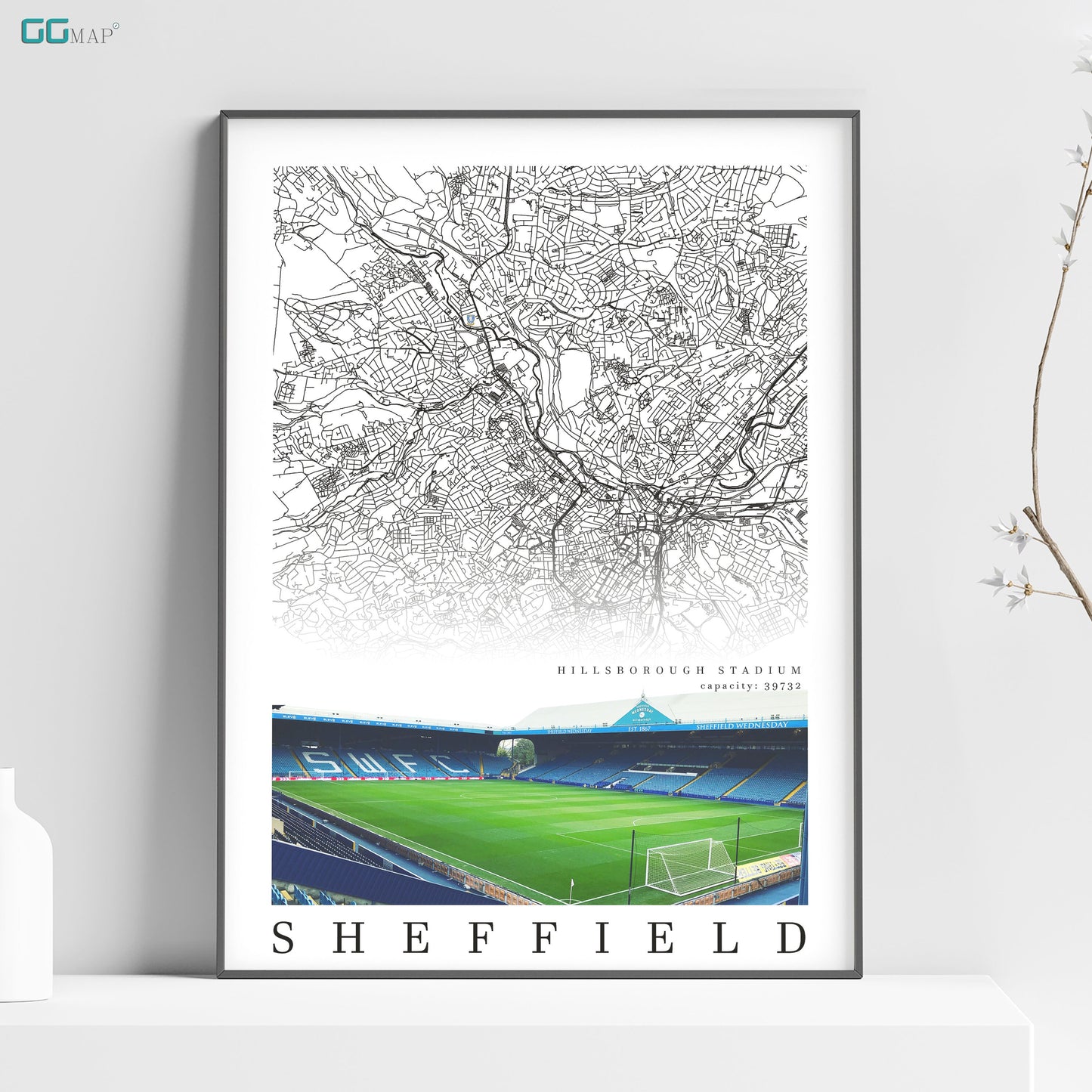 a map of sheffield with a soccer field in the background