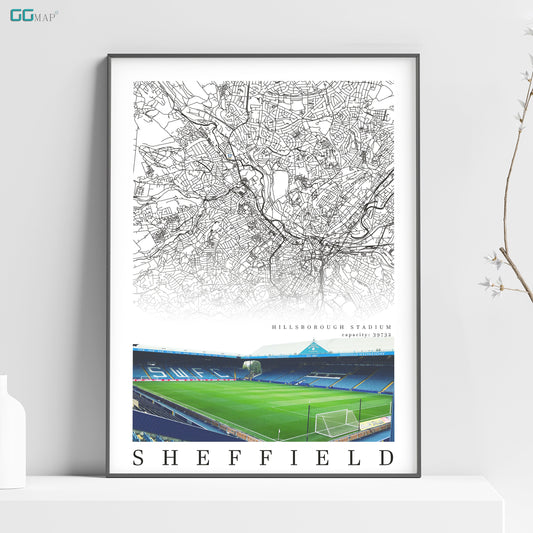 City map of SHEFFIELD - Stadion Hillsborough - Home Decor Stadion Hillsborough - Print map - Sheffield Wednesday Stadium