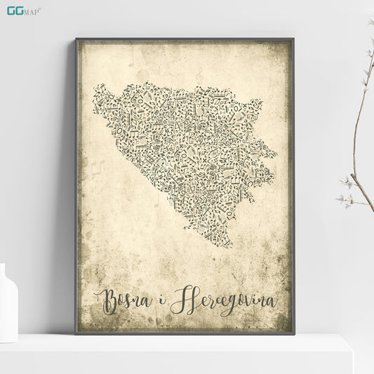 BOSNA I HERCEGOVINA map - Bosna i Hercegovina Music map - Travel poster - Home Decor - Wall decor - Office map - GeoGIS studio