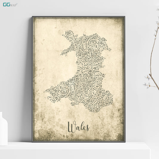 WALES map - Wales Music map - Travel poster - Home Decor - Wall decor - Office map - Wales gift - GeoGIS studio