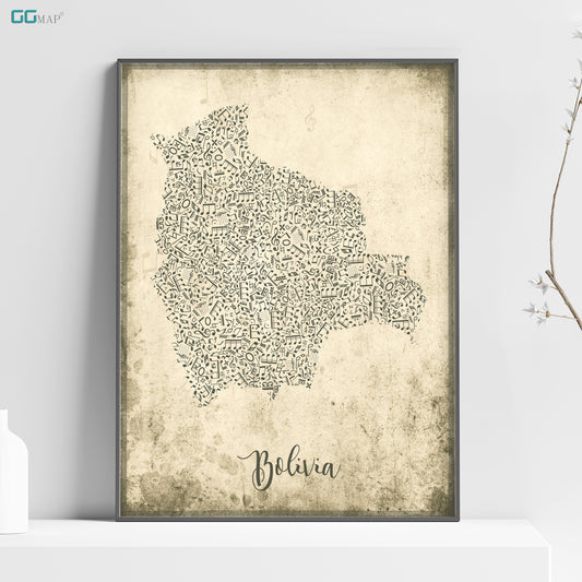 BOLIVIA map - Bolivia Music map - Travel poster - Home Decor - Wall decor - Office map - Bolivia gift - GGmap - Bolivia poster