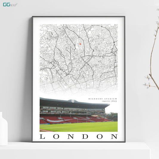 City map of LONDON - Highbury Stadium - Home Decor Highbury Stadium - Print map - Highbury Stadium gift - Arsenal Old Stadium