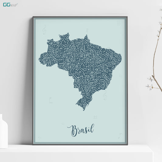 BRASIL map - Brasil Music Blue map - Travel poster - Home Decor - Wall decor - Office map - Brasil gift - GGmap - Brasil poster