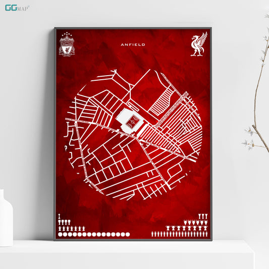 a red poster with a white outline of a city