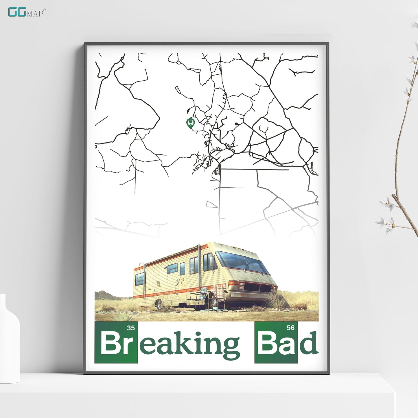 a poster of a bus on a shelf