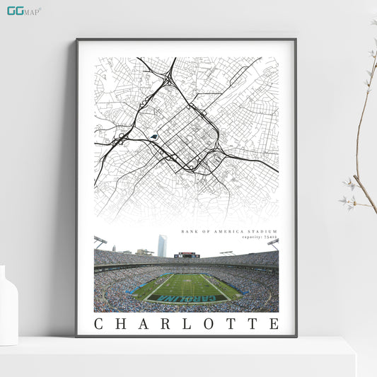City map of CHARLOTTE - Bank of America Stadium - Home Decor Charlotte - Charlotte wall decor - Carolina panthers poster - Print map -