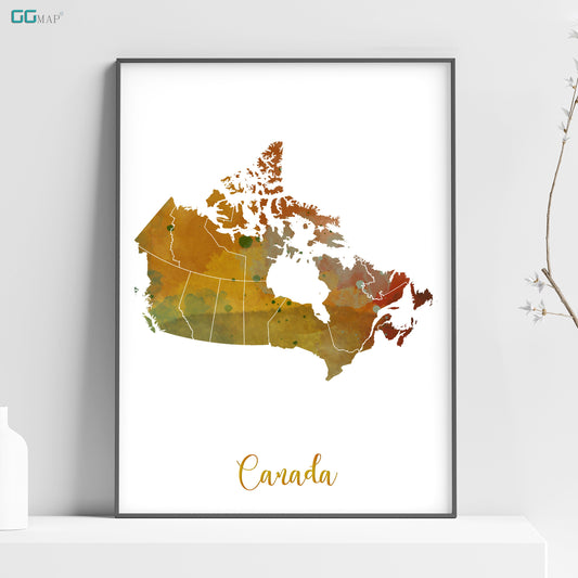 a watercolor map of canada with the name and state