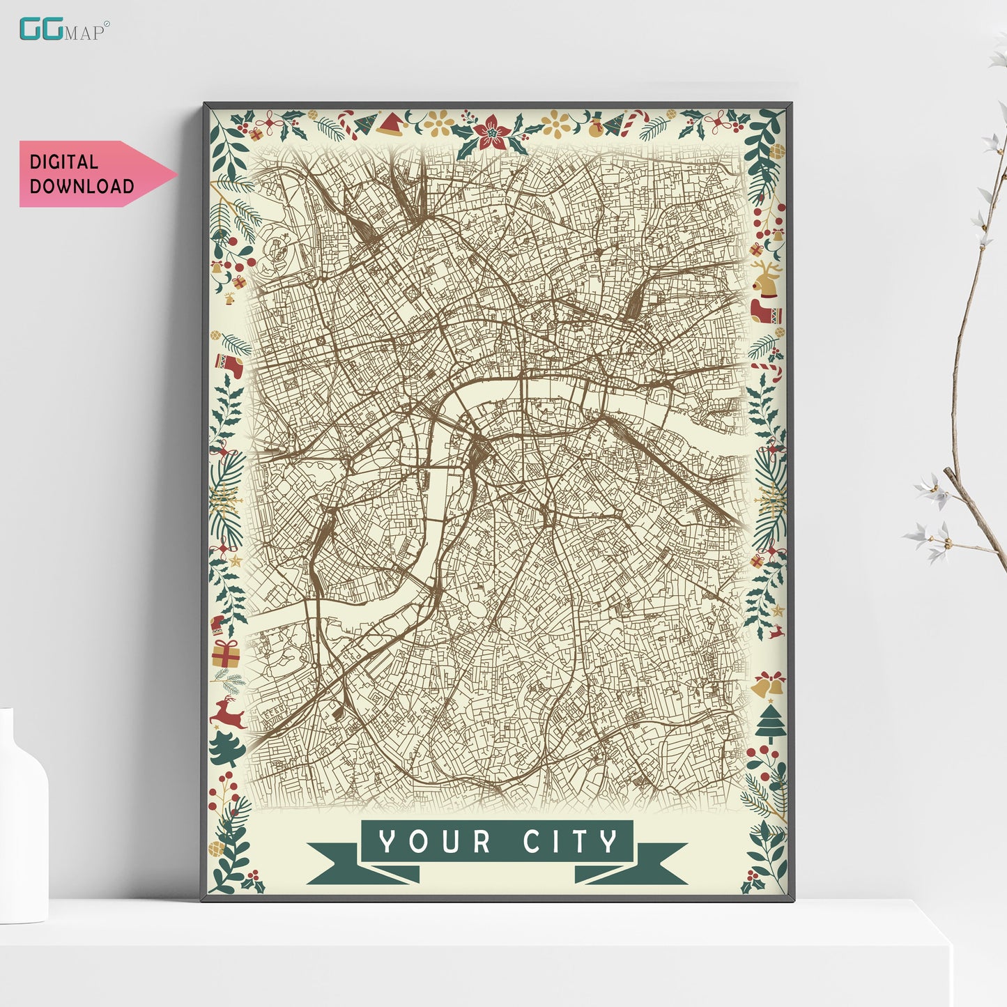 CHRISTMAS Map DIGITAL DOWNLOAD - Christmas City Map - Your city - Your contry - Your poster - Personalized -