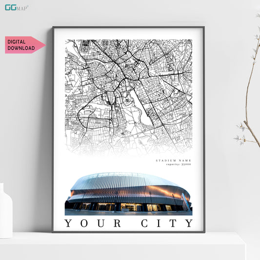 a poster of a stadium with a map of the stadium