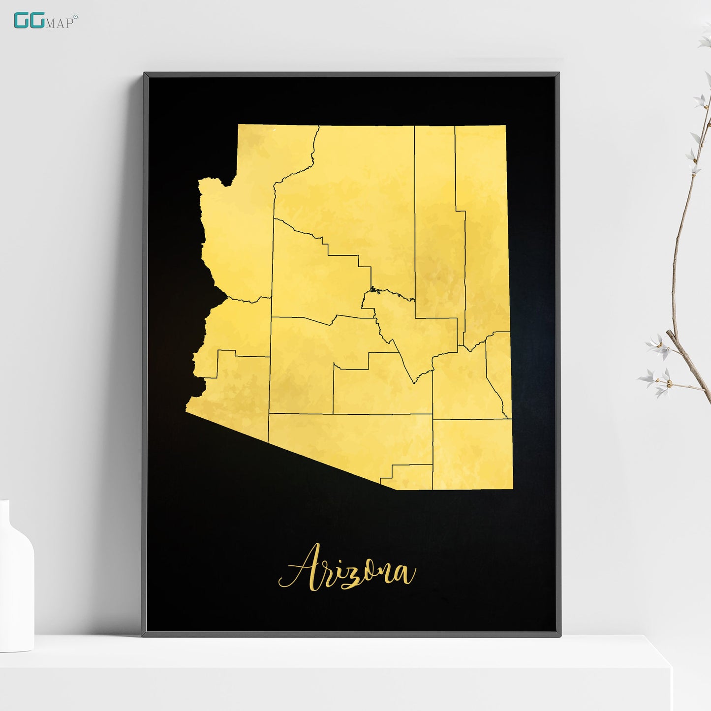 a black and yellow poster with a map of arizona