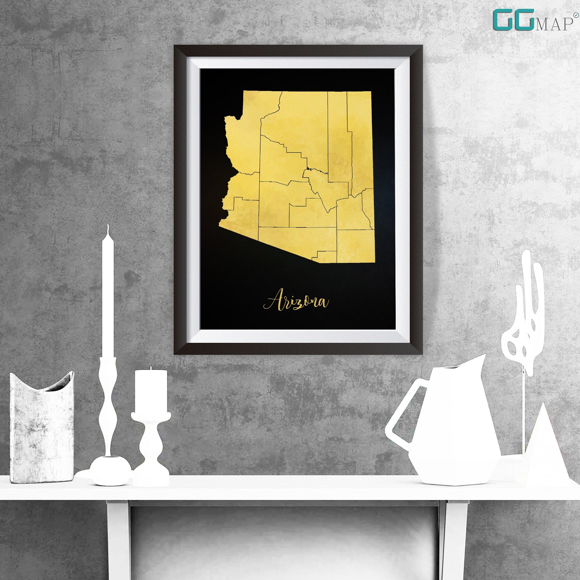 a picture of a yellow and black map of arizona