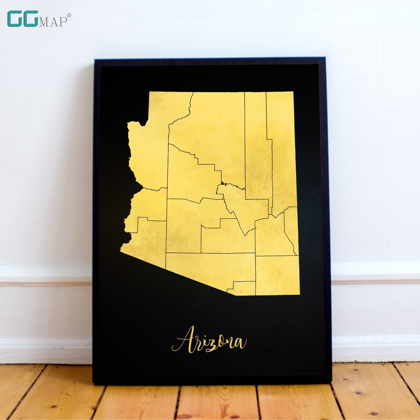 a black framed map of the state of arizona