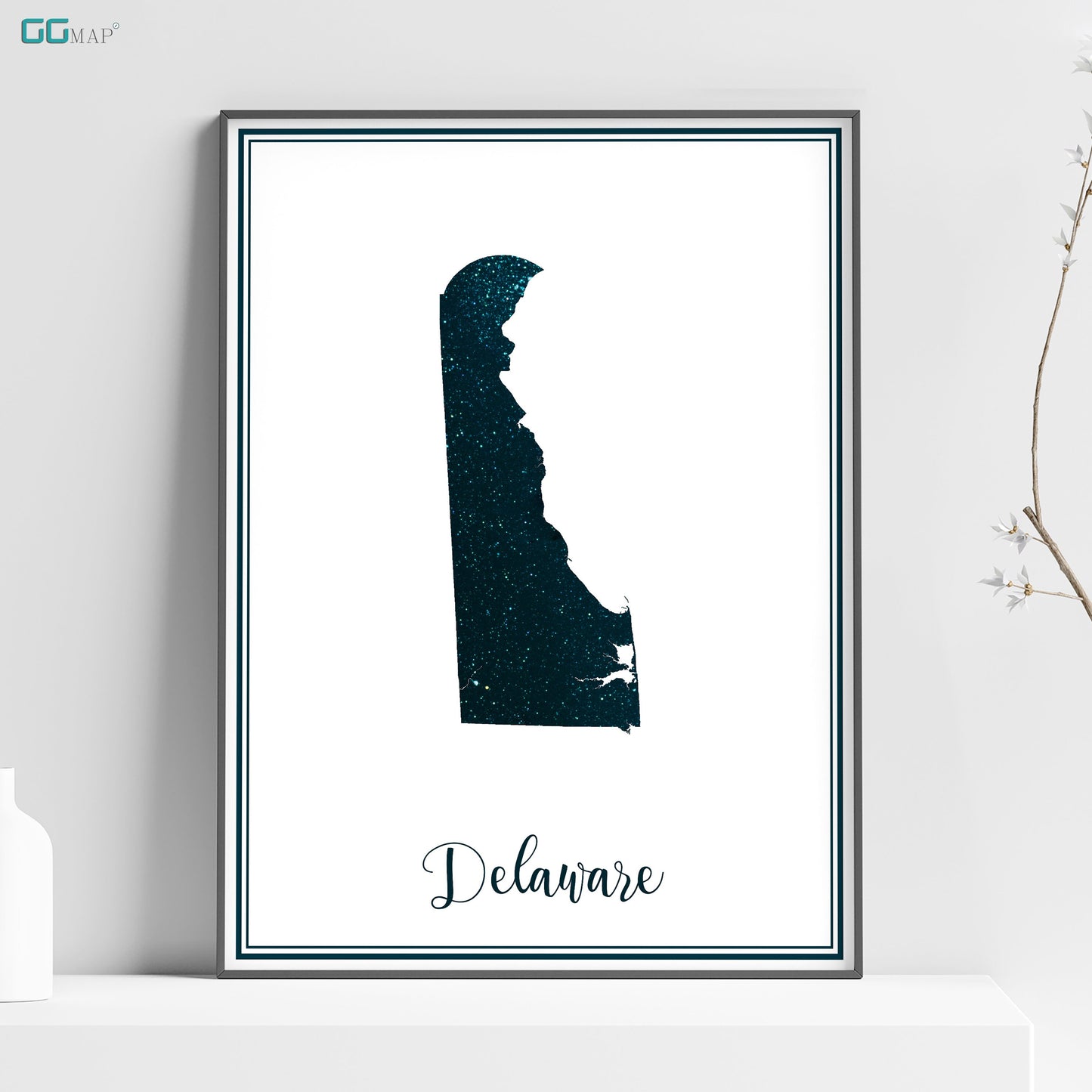 a poster of the state of delaware on a shelf