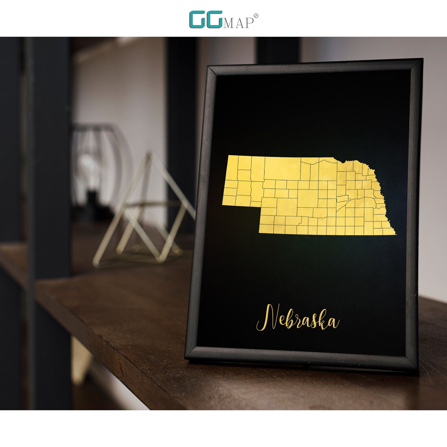 NEBRASKA map - Nebraska gold map - Travel poster - Home Decor - Wall decor - Office map - Nebraska gift - GGmap - Nebraska poster