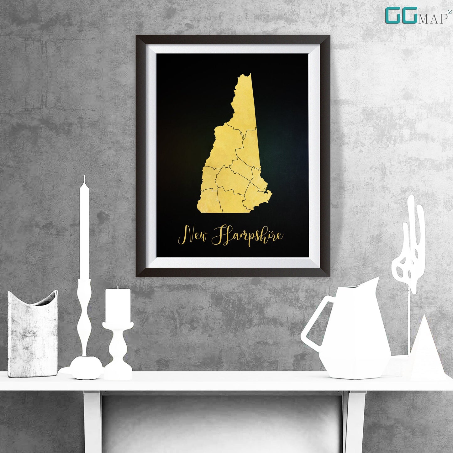 NEW HAMPSHIRE map - New Hampshire gold map - Travel poster - Home Decor - Wall decor - Office map - New Hampshire gift - GGmap