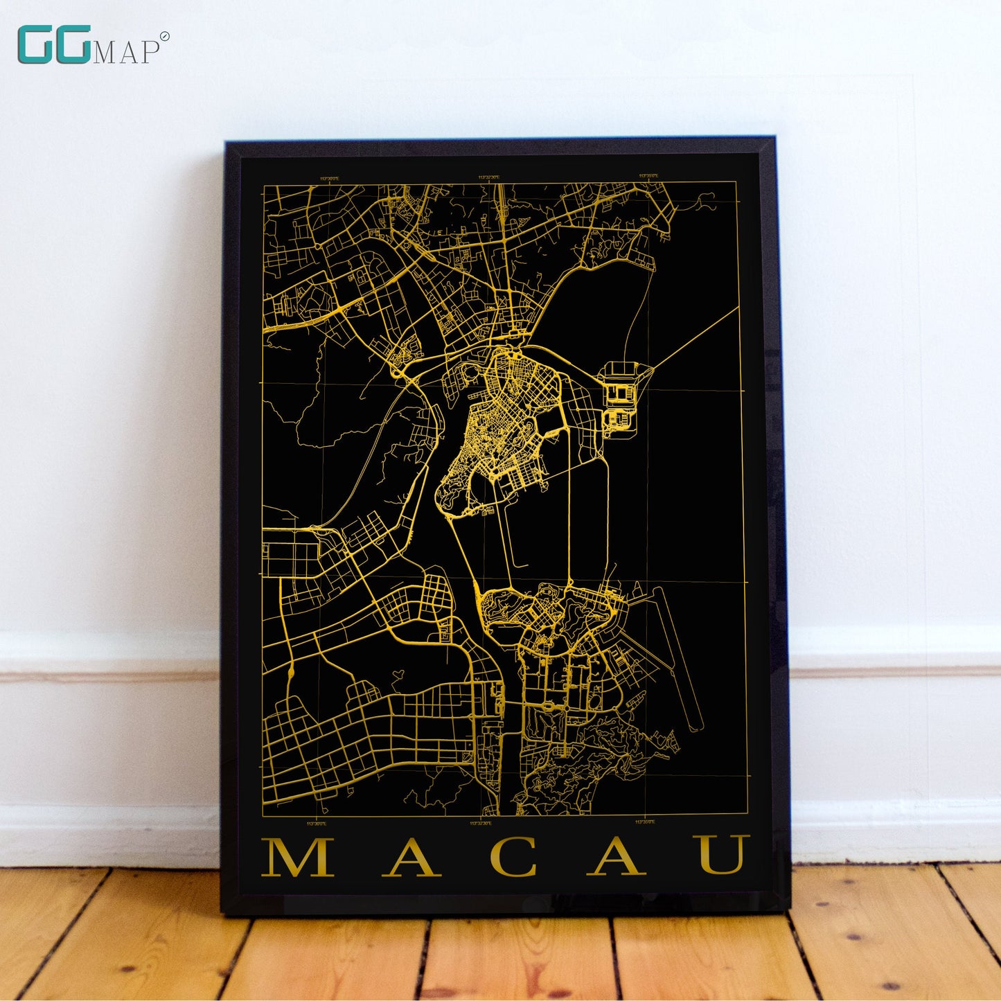 City map of MACAU - Black gold Map -  Home Decor - Office map - Print map - Poster city map - Macau map - Map art - China - GGMap