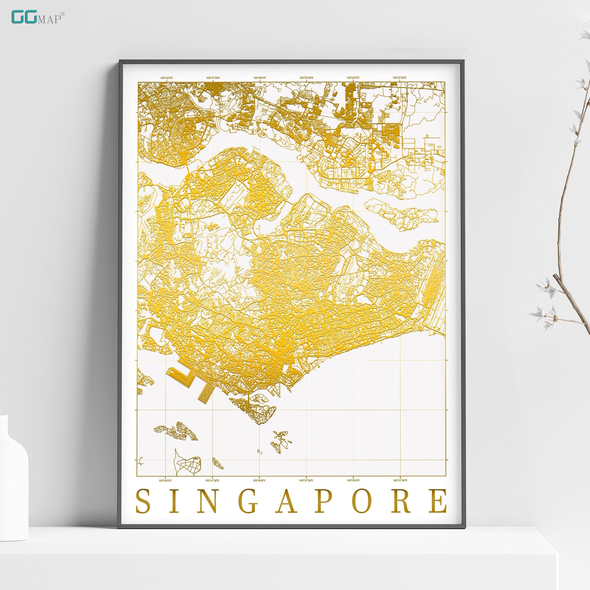 a map of singapore in gold on a white shelf