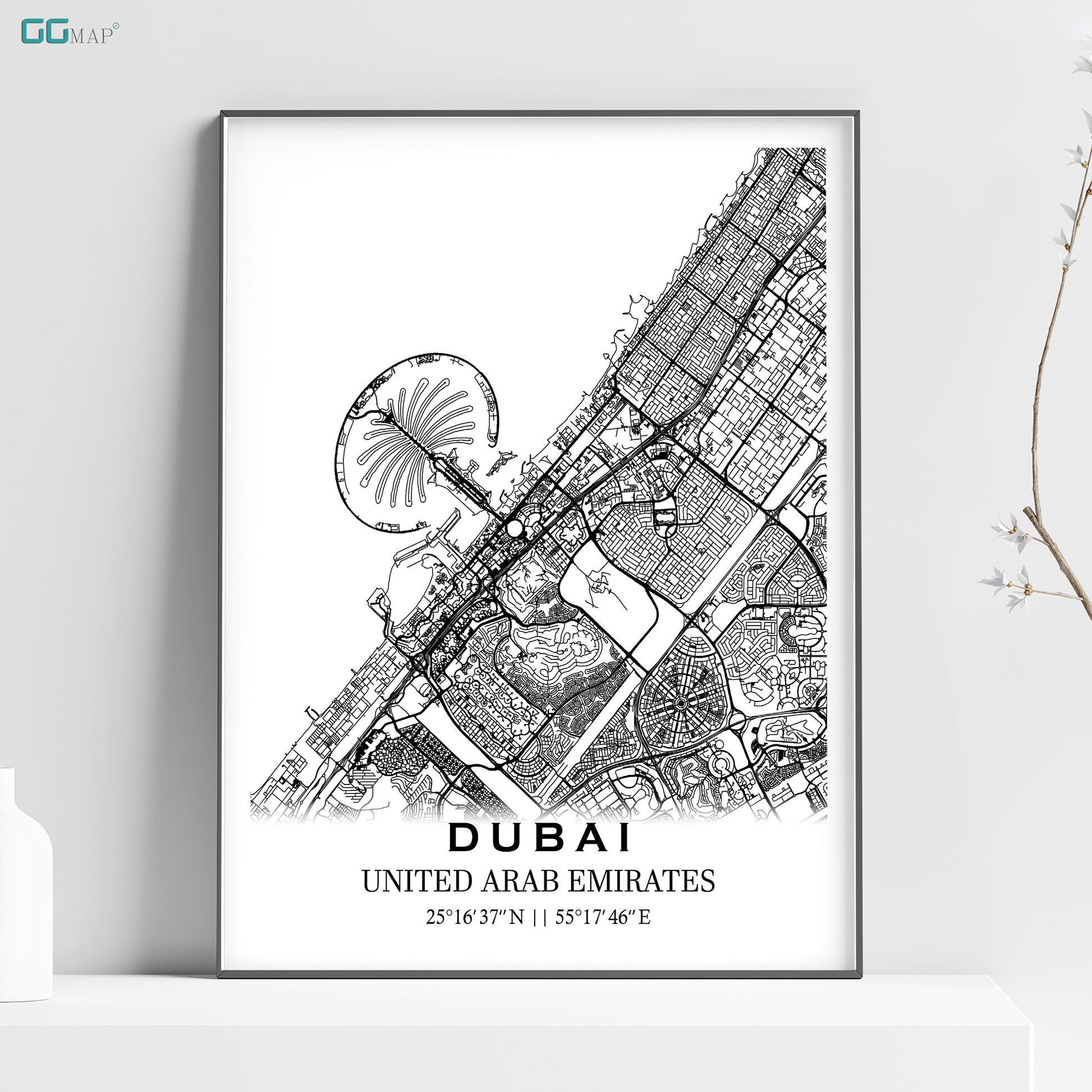 a black and white poster with a map of the united arab emirates