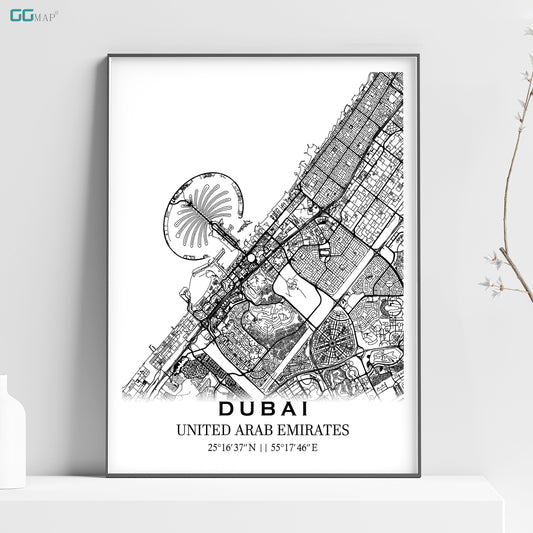 a black and white poster with a map of the united arab emirates