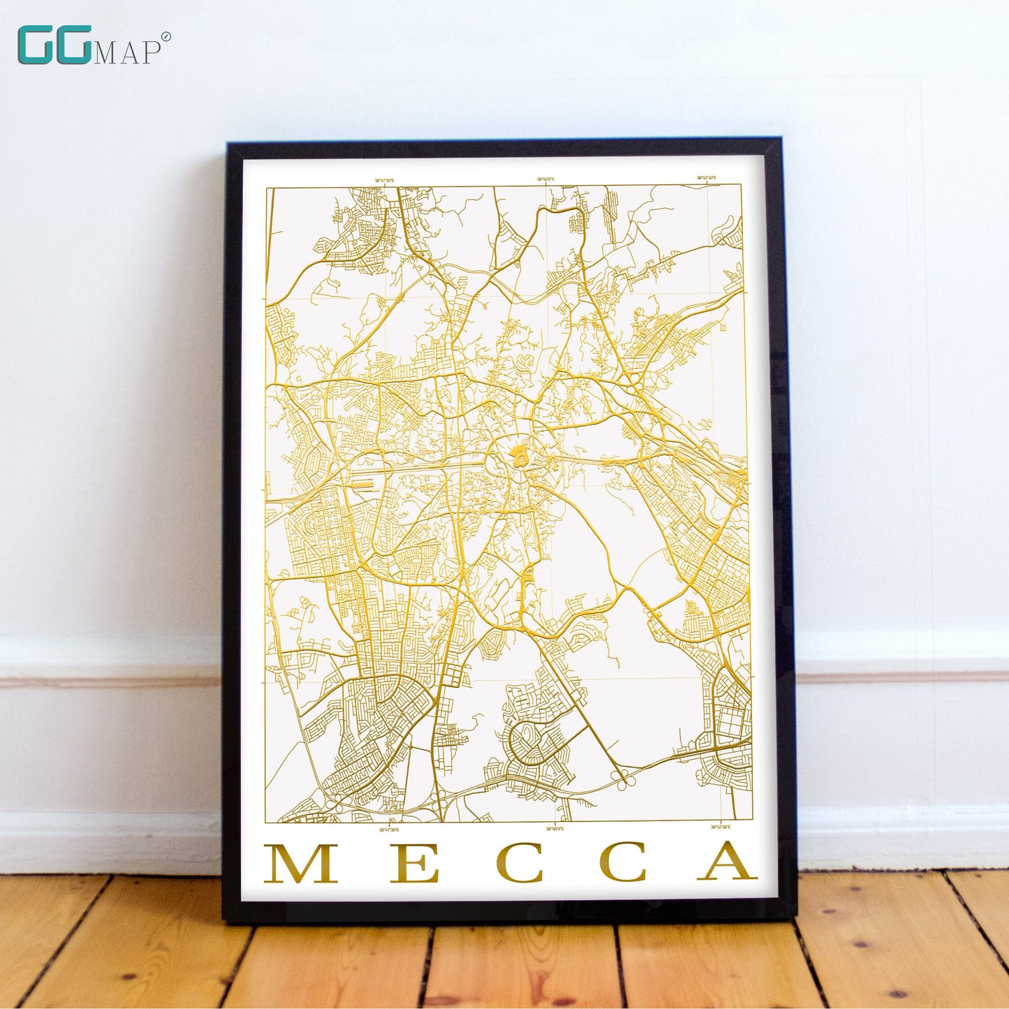 City map of MECCA - Mecca White Gold map - Home Decor - Travel map - Print map - Mecca map - Map art - Saudi Arabia - GGMap