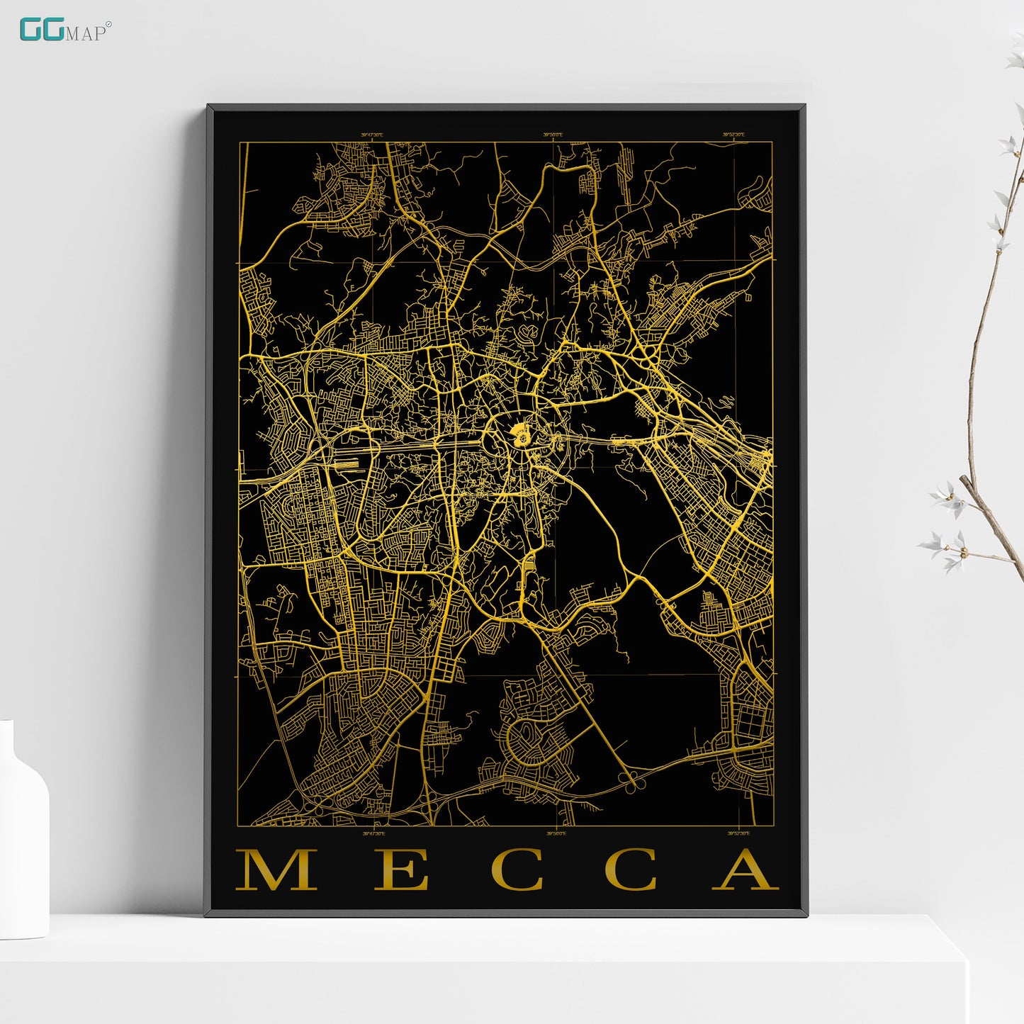 a black and gold framed map of a city