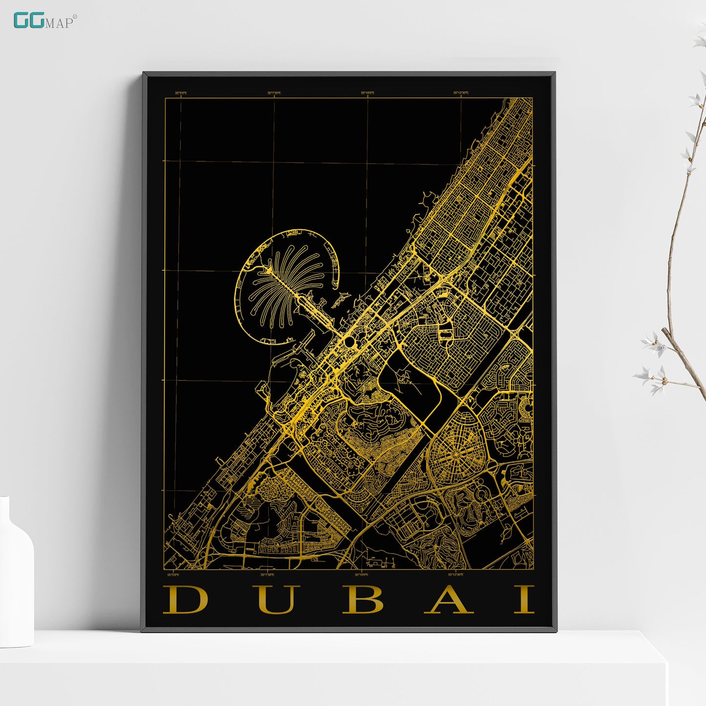 a black and yellow poster with a map of the city of dubai