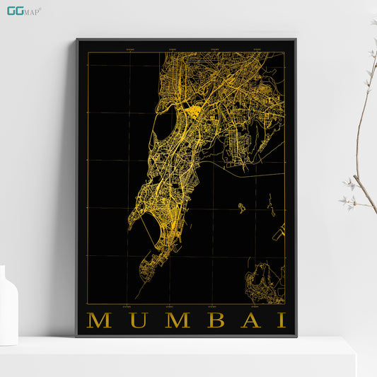 a black and yellow poster of a map of mumbai