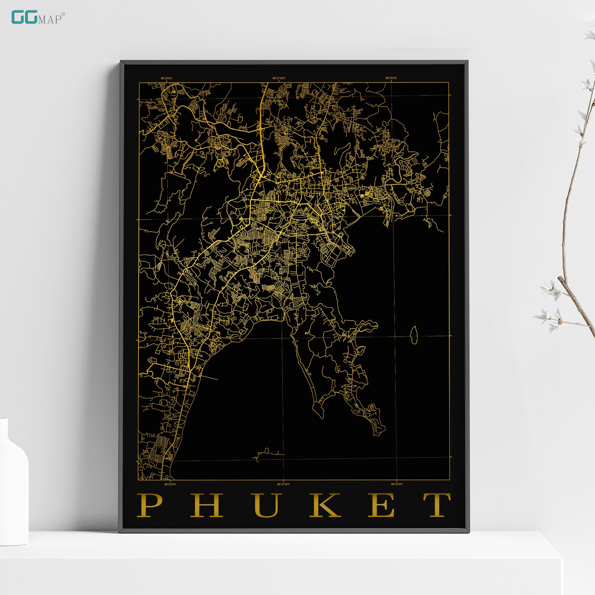 a black and gold poster with a map of the city of phu ket