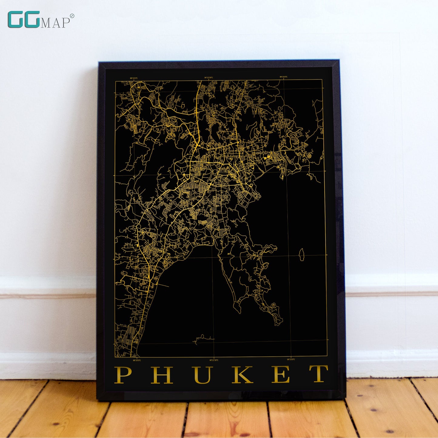 City map of PHUKET - Phuket Dark Gold map - Home Decor - Travel map - Print map - Phuket map - Map art - Thailand - GGMap