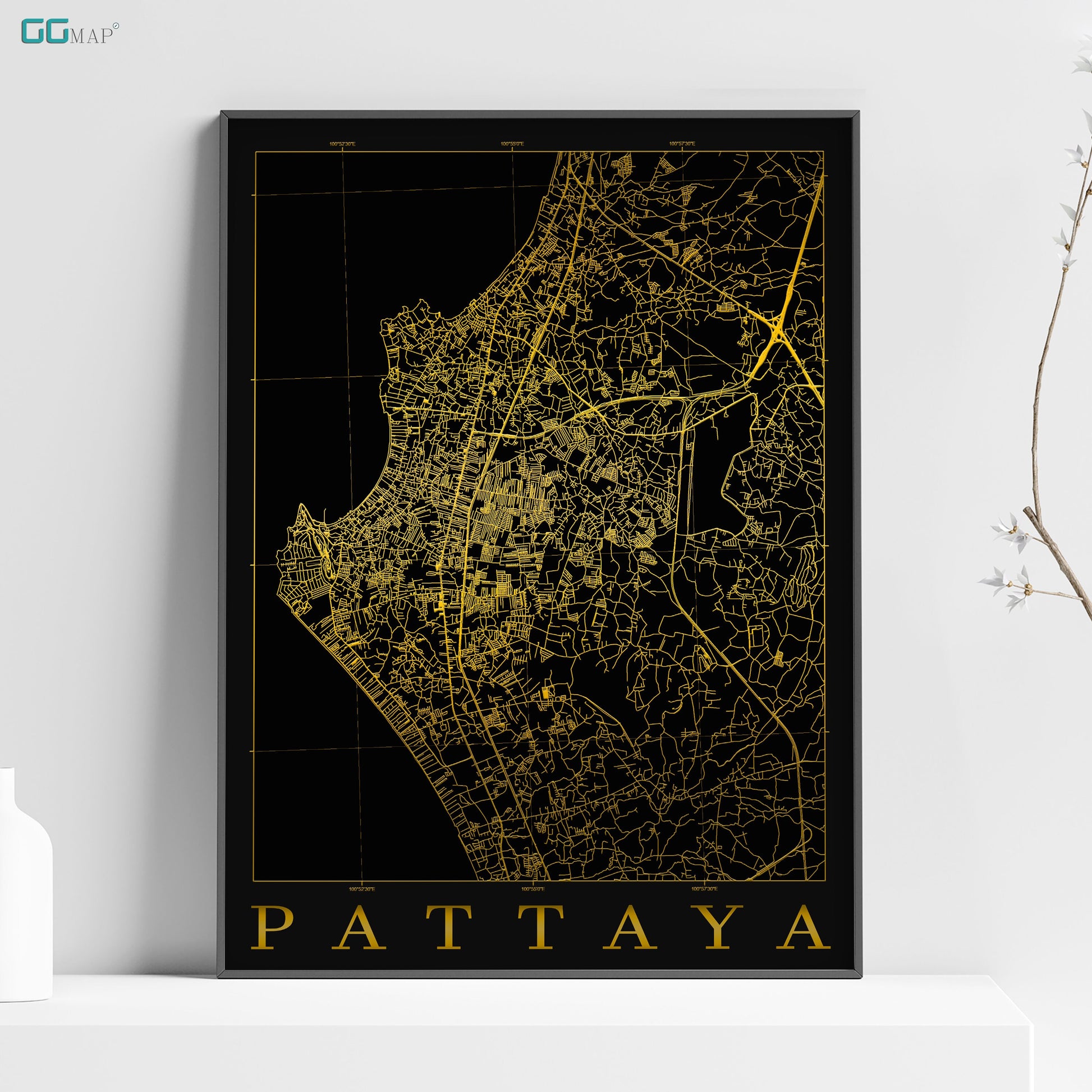 a black and gold map of pattaya